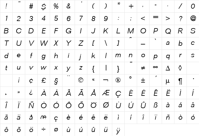 FocusLight RegularItalic Character Map