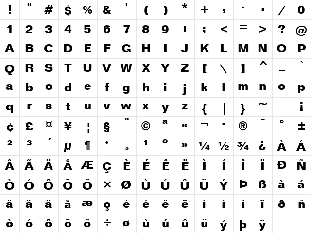 Folio Bold Character Map
