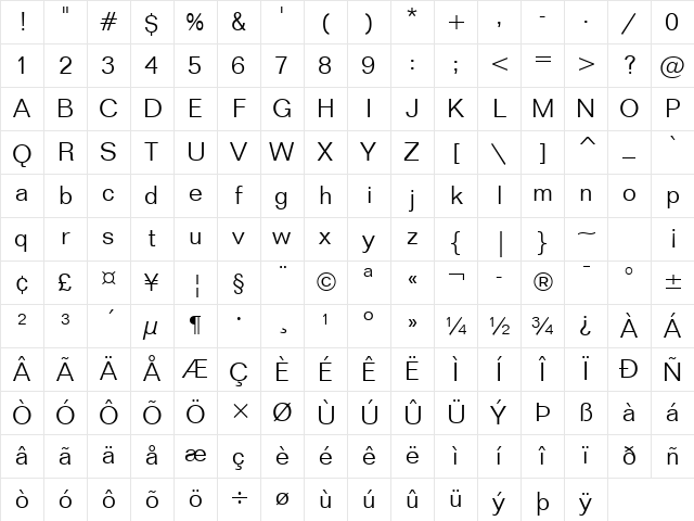 Folio Light Character Map