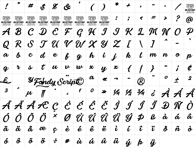 Fondy Script PERSONAL USE ONLY Regular Character Map