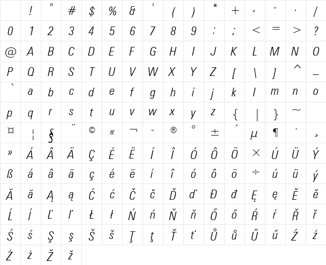 Zurich LtCn L2 Light Italic Character Map Zurich LtCn L2 Light Italic Character Map
