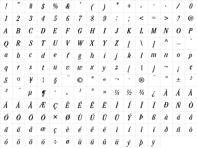 ITCCheltenham LT BookCond Italic Character Map