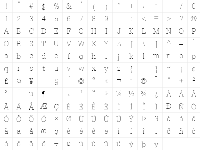 Glypha LT Thin Regular Character Map