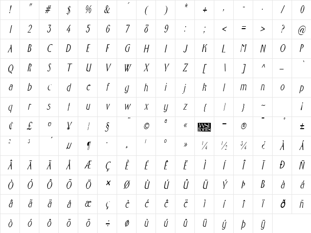 FosterCondensed Italic Character Map