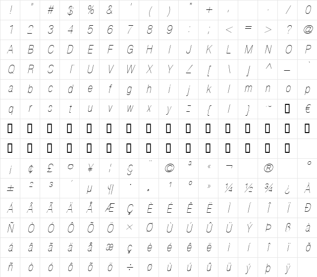 HelveticaNeue LT 27 UltLtCn Oblique Character Map