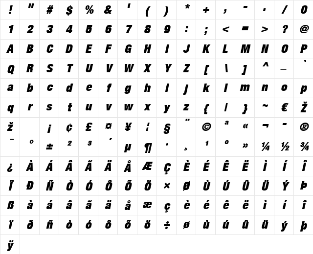 HelveticaNeue LT 107 XBlkCn Oblique Character Map
