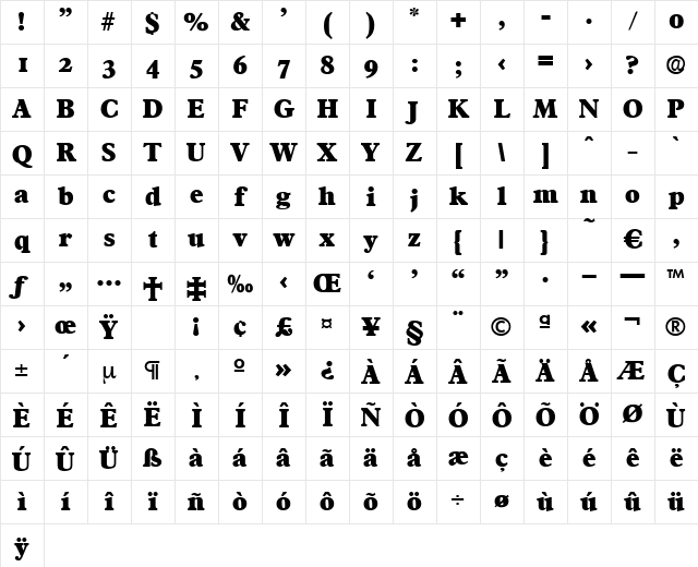 Francisco-ExtraBold Regular Character Map