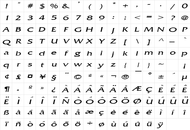 Franco Extended Italic Character Map