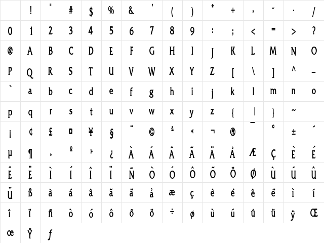 Franco Thin Bold Character Map