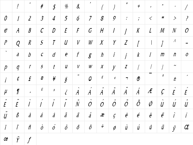 Franco Thin Italic Character Map Franco Thin Italic Character Map