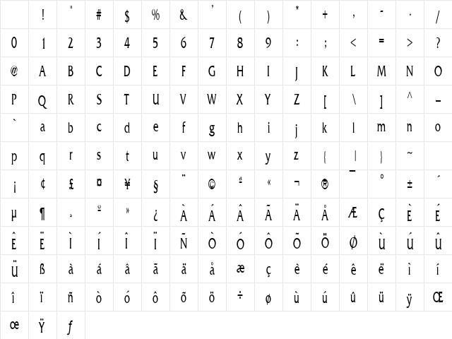 Franco Thin Normal Character Map Franco Thin Normal Character Map