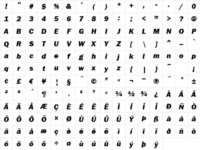 FranklinGothicH BoldItalic Character Map