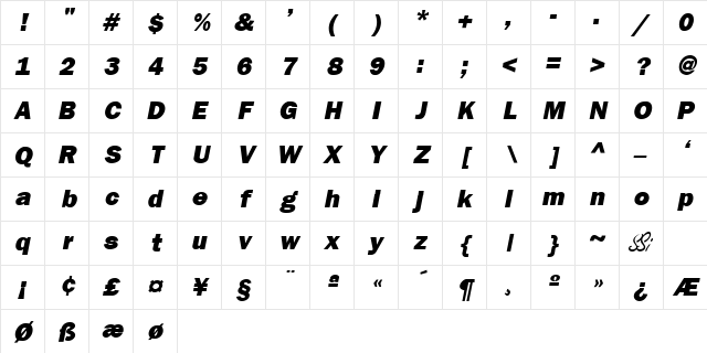 Franklin Gothic Black SSi Extra Bold Italic Character Map Franklin Gothic Black SSi Extra Bold Italic Character Map