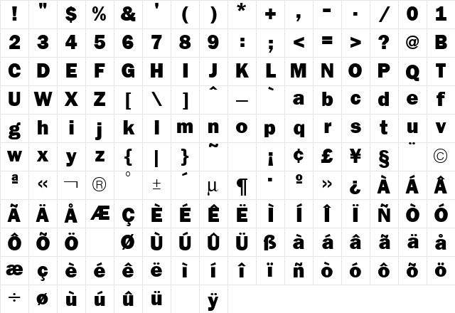 Franklin Gothic Heavy Regular Character Map