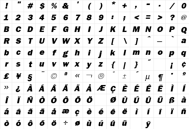 Franklin Italic Character Map