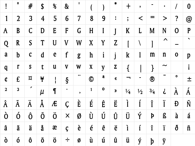 Ameretto Condensed Bold Character Map