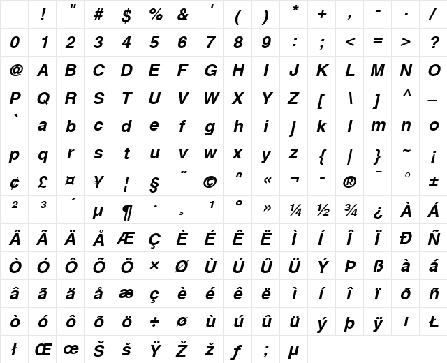 Helvetica LT Bold Italic Character Map