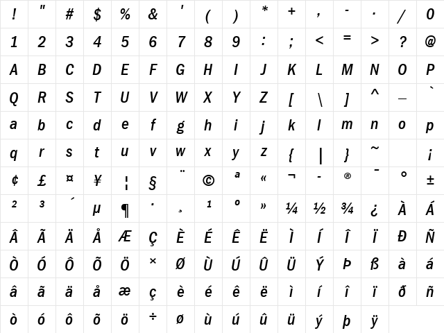 ITC Franklin Gothic LT Com Medium Condensed Italic Character Map