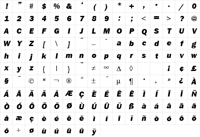 FranklinGothicNewHeavy RegularItalic Character Map