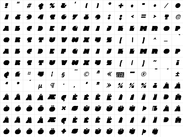 Frantic kursiv Character Map Frantic kursiv Character Map