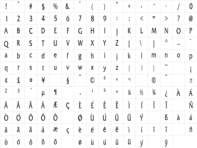 Franz Narrow Regular Character Map Franz Narrow Regular Character Map