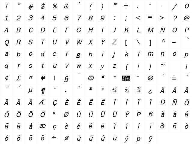 Franzfurt Italic Character Map