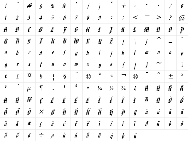 American-Text HU Italic Character Map