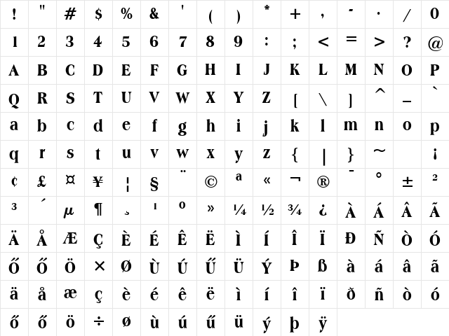 Americana EXCHU Extra Bold Condensed Character Map