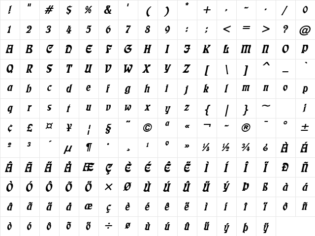 Freedom BoldItalic Character Map