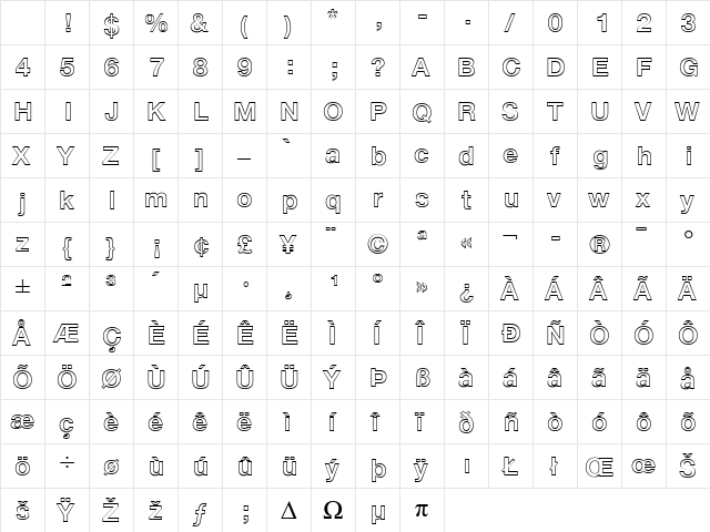 HelveticaNeue LT 75 BdOutline Regular Character Map