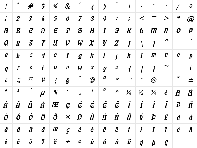 Freedom Italic Character Map