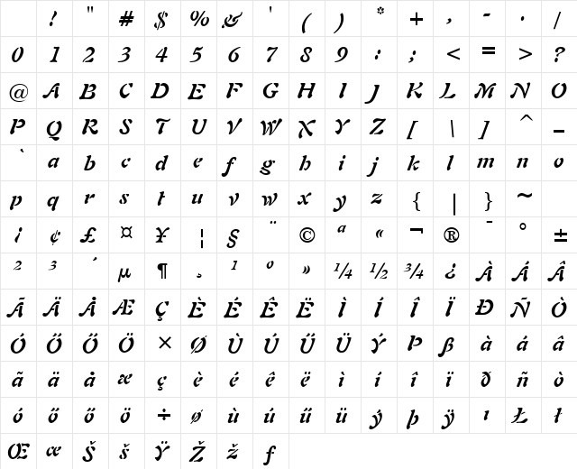Freeform-721 HU Bold Italic Character Map Freeform-721 HU Bold Italic Character Map