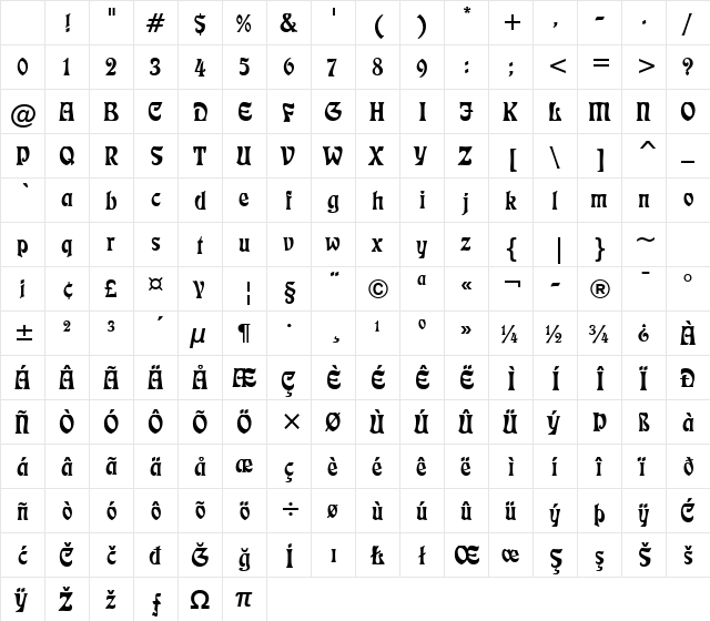 Freefrm710 BT Regular Character Map Freefrm710 BT Regular Character Map
