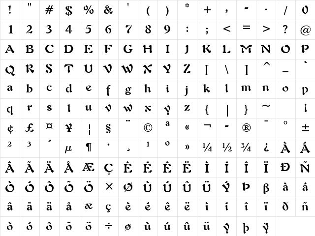 Freefrm721 BT Bold Character Map