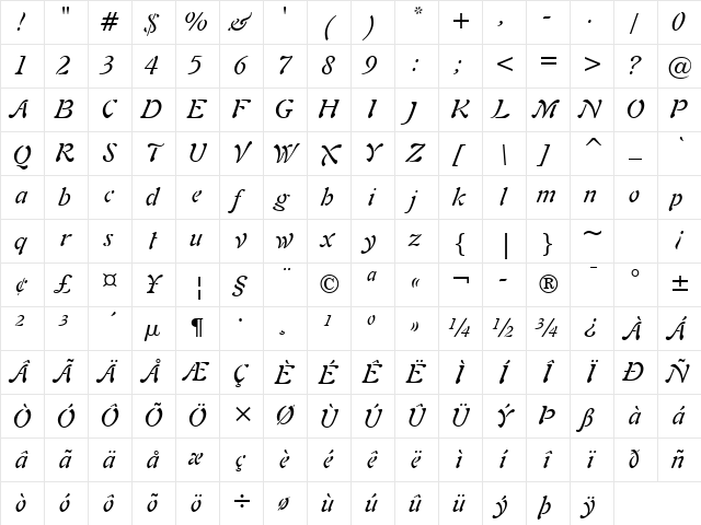 Freefrm721 BT Italic Character Map