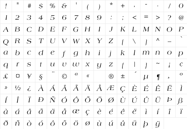 Americana-Italic Regular Character Map