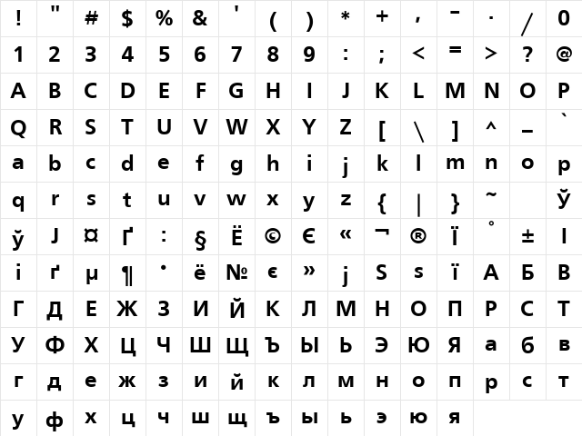 FreeSet Bold Cyrillic Character Map