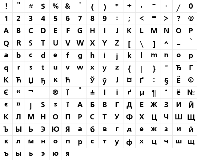 FreeSet Bold Character Map