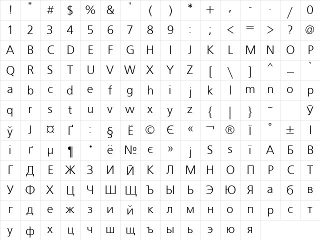 FreeSet Cyrillic Character Map