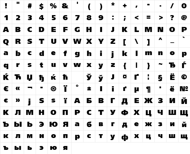 FreeSetExtraCTT Regular Character Map