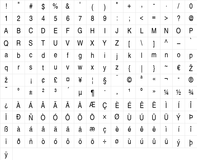 Helvetica LT Narrow Regular Character Map Helvetica LT Narrow Regular Character Map