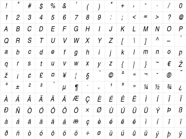 Helvetica LT Narrow Italic Character Map