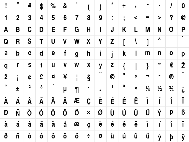 Helvetica LT Narrow Bold Character Map