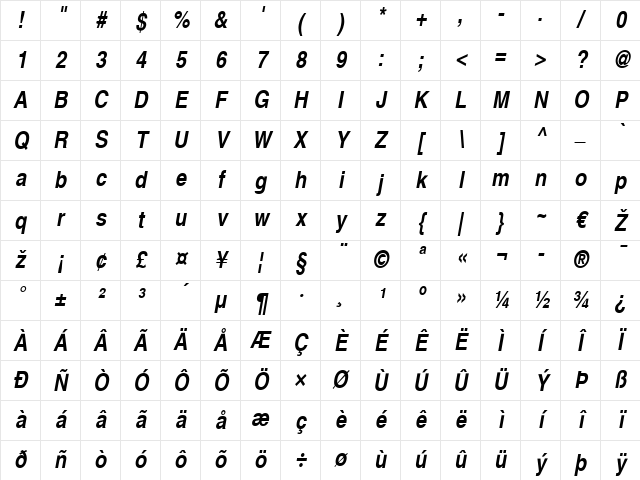 Helvetica LT Narrow Bold Italic Character Map