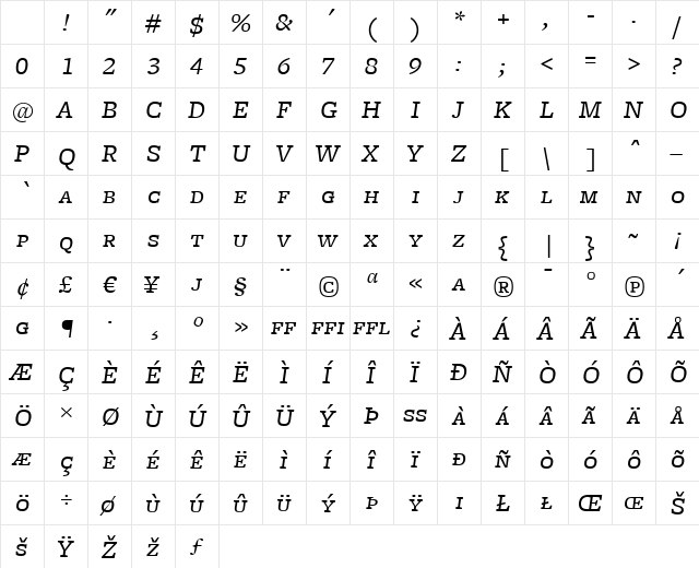 FreightMicro BookItalicSC Character Map