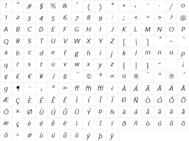 FreightSans BookItalic Character Map