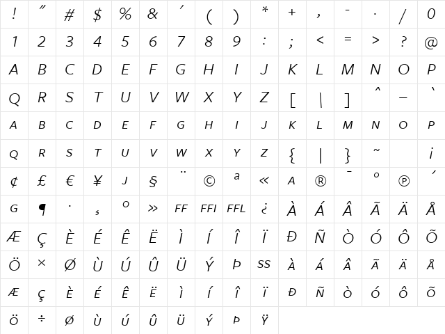 FreightSans BookItalicSC Character Map