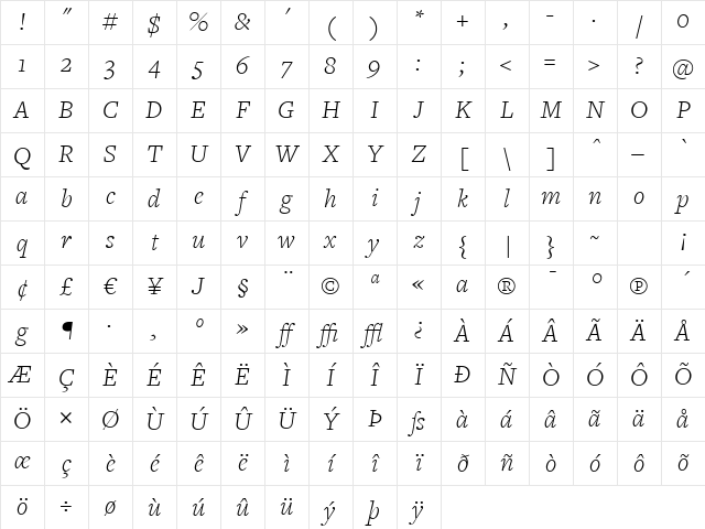FreightText Light Italic Character Map