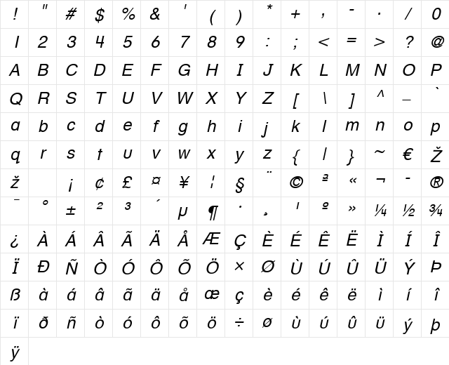 HelveticaTextbook LT Roman Italic Character Map