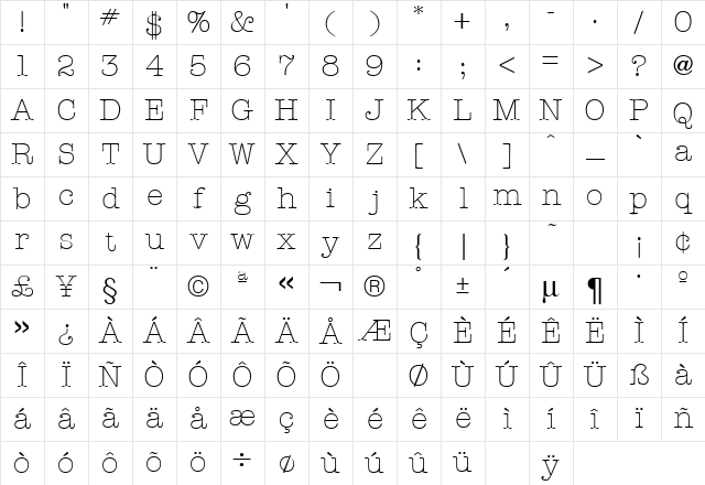 American Type Light Regular Character Map
